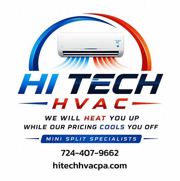 Hi Tech HVAC brand graphic showing a Mitsubishi Electric mini split head unit with the tagline We Will Heat You Up While Our Pricing Cools You Off and a Mini Split Specialists badge