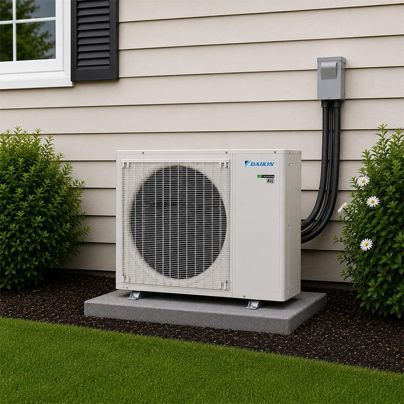Outdoor mini split condenser unit installed outside a home
