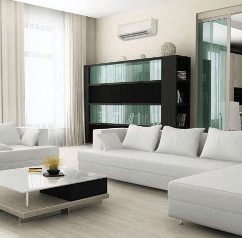 Mitsubishi Electric ductless wall-mounted head unit installed in a living room